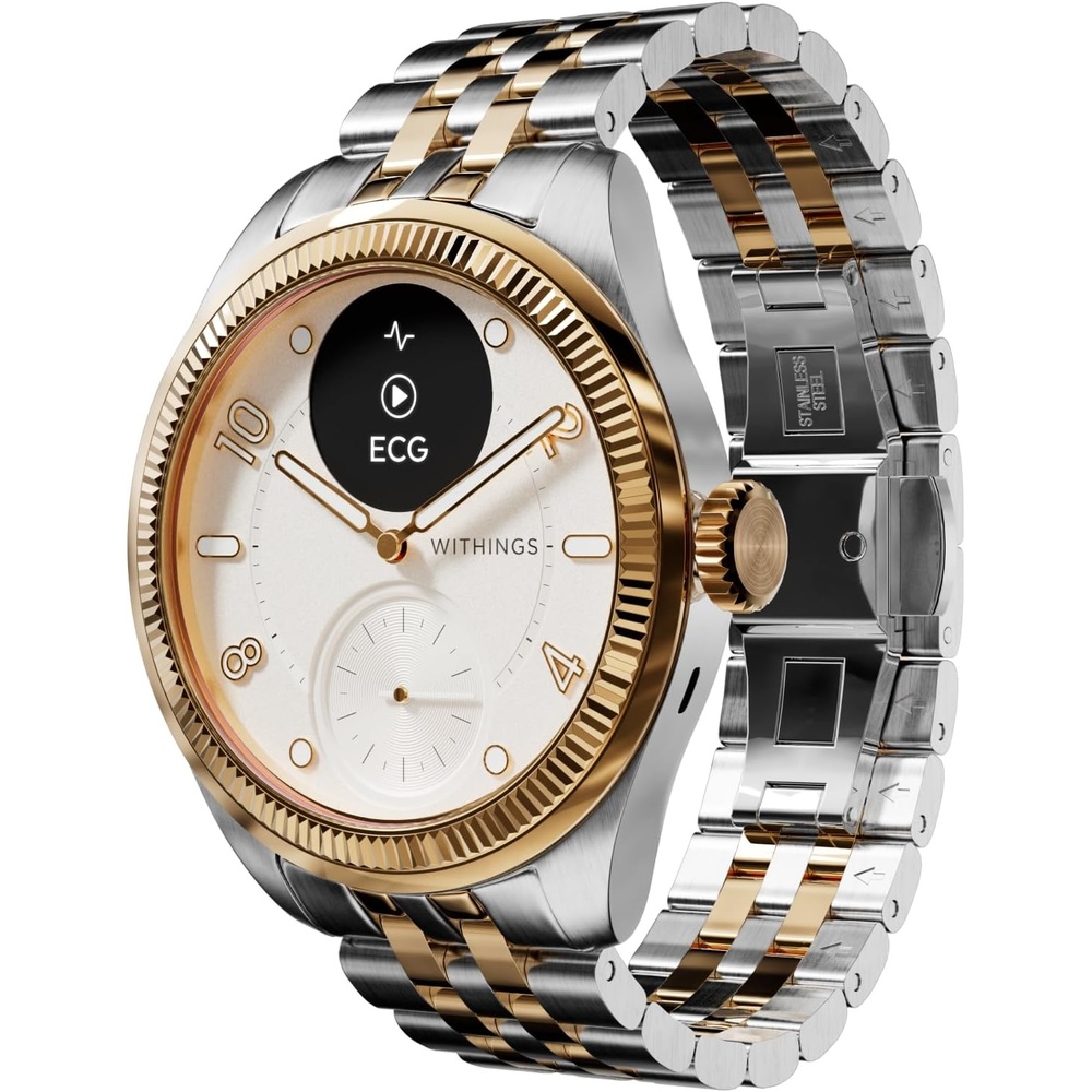 image:imageWITHINGS Scanwatch Nova  Heart Health Hybrid Smart Watch for Men amp Women  SPO2 Temperature Monitoring Sleep Respiratory Health Cycle Monitoring 30day Battery Life Apple iOSAndroid  ECG with AFib detection Sleep Score 40 activities autodetected SpO2 Menstrual cycle trackingGold